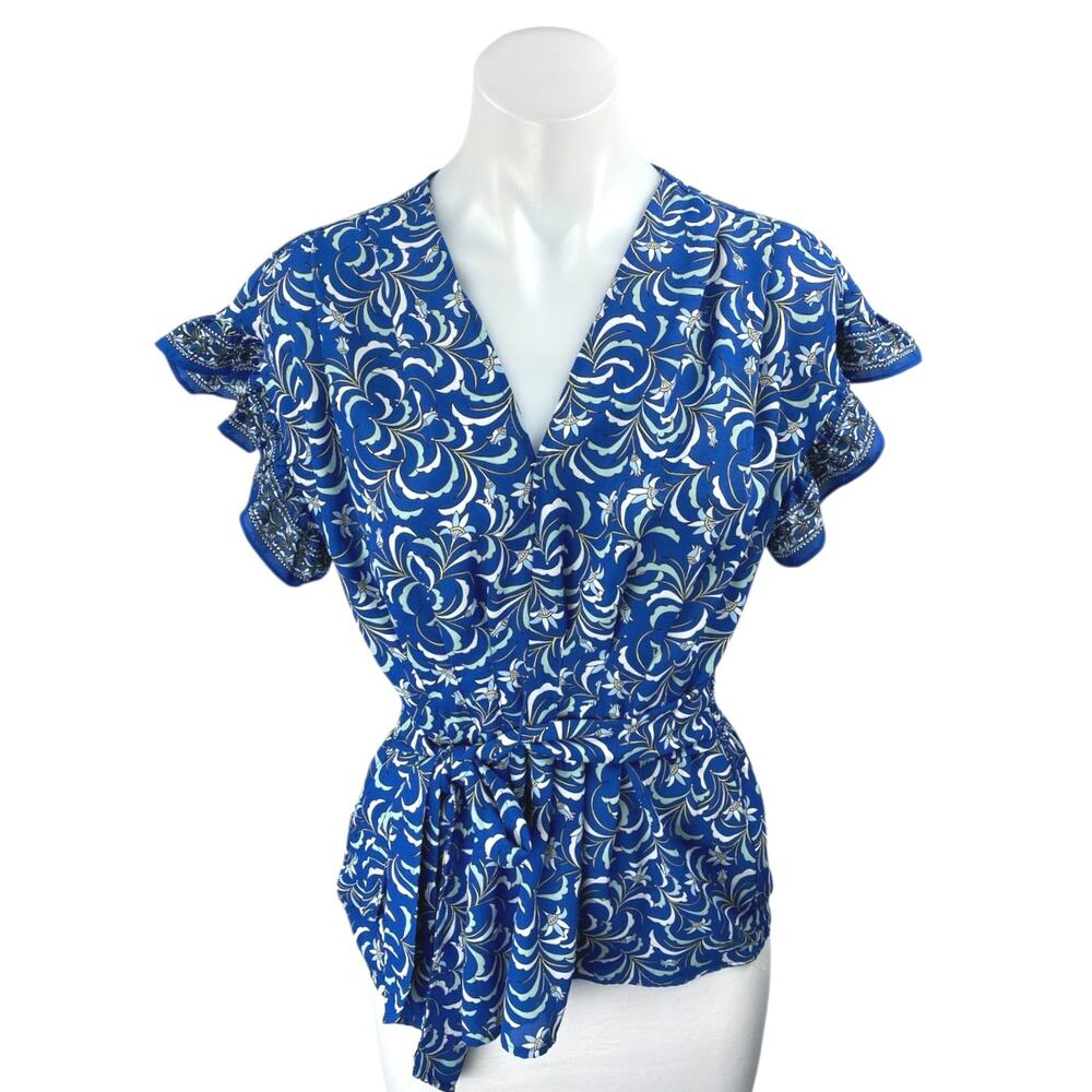 Max Studio Blue Floral Short Flutter Sleeve Tie Waist Peplum Blouse Top Size XS